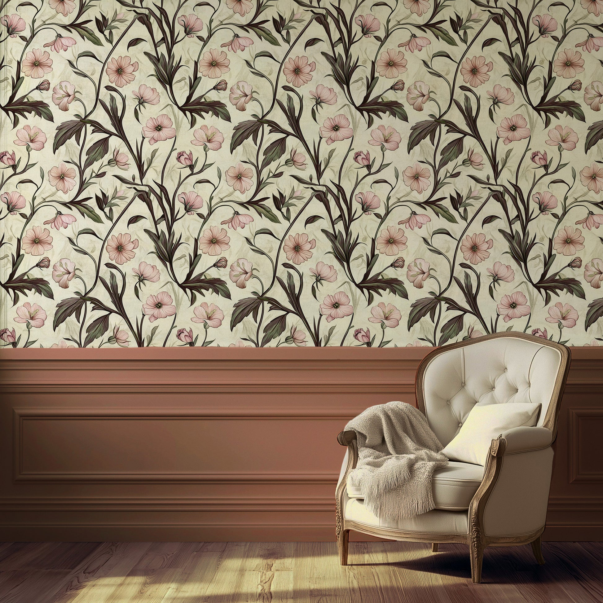 Blush floral wallpaper with parchment background and soft pink flowers in a romantic Cottagecore style
