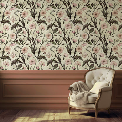 Blush floral wallpaper with parchment background and soft pink flowers in a romantic Cottagecore style