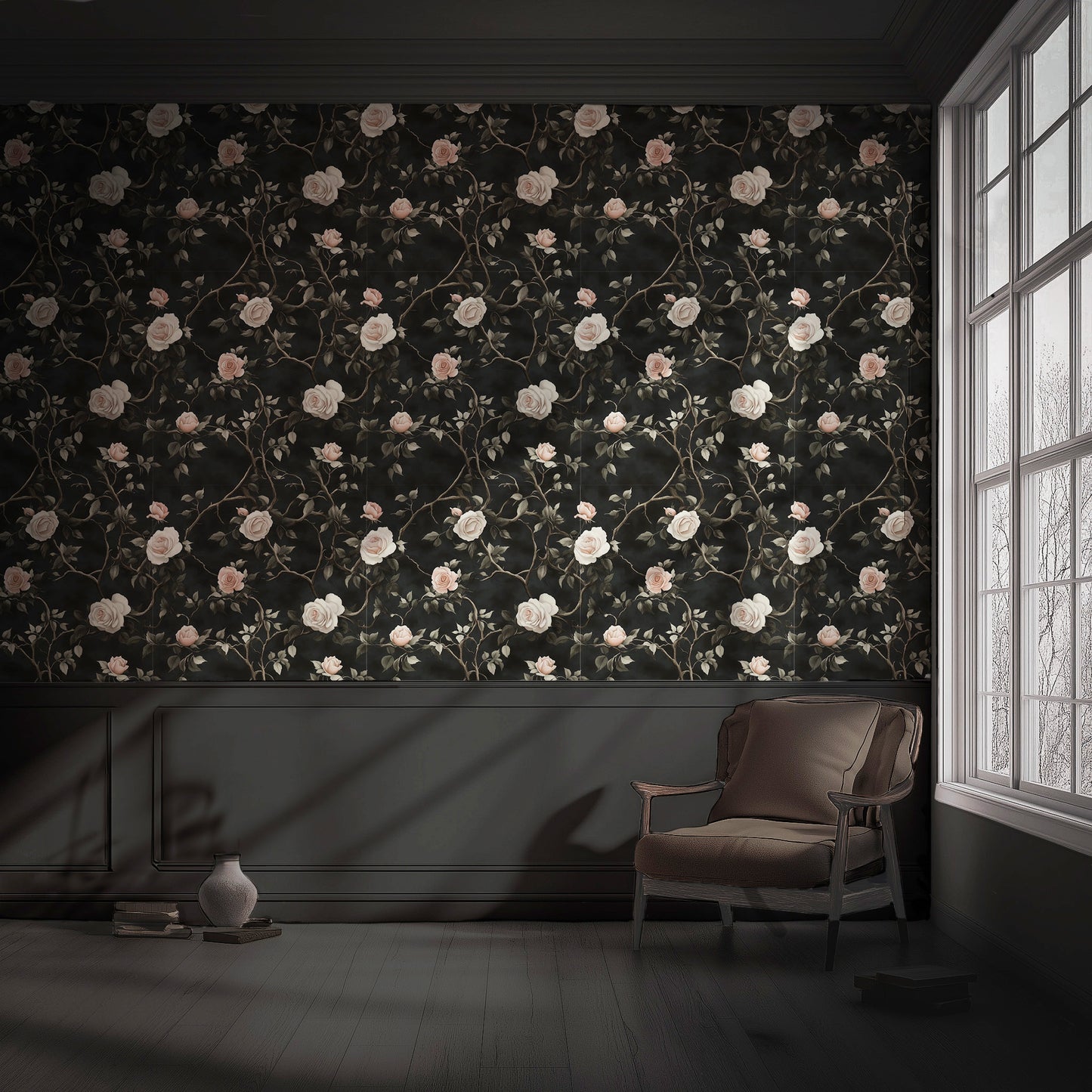 Dark romantic peel and stick wallpaper with blush roses, twisting vines, and black background for Cottagecore bedrooms
