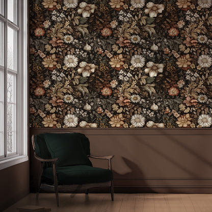 Dark floral peel and stick wallpaper with rust, ivory, and warm-toned wildflowers on a black background