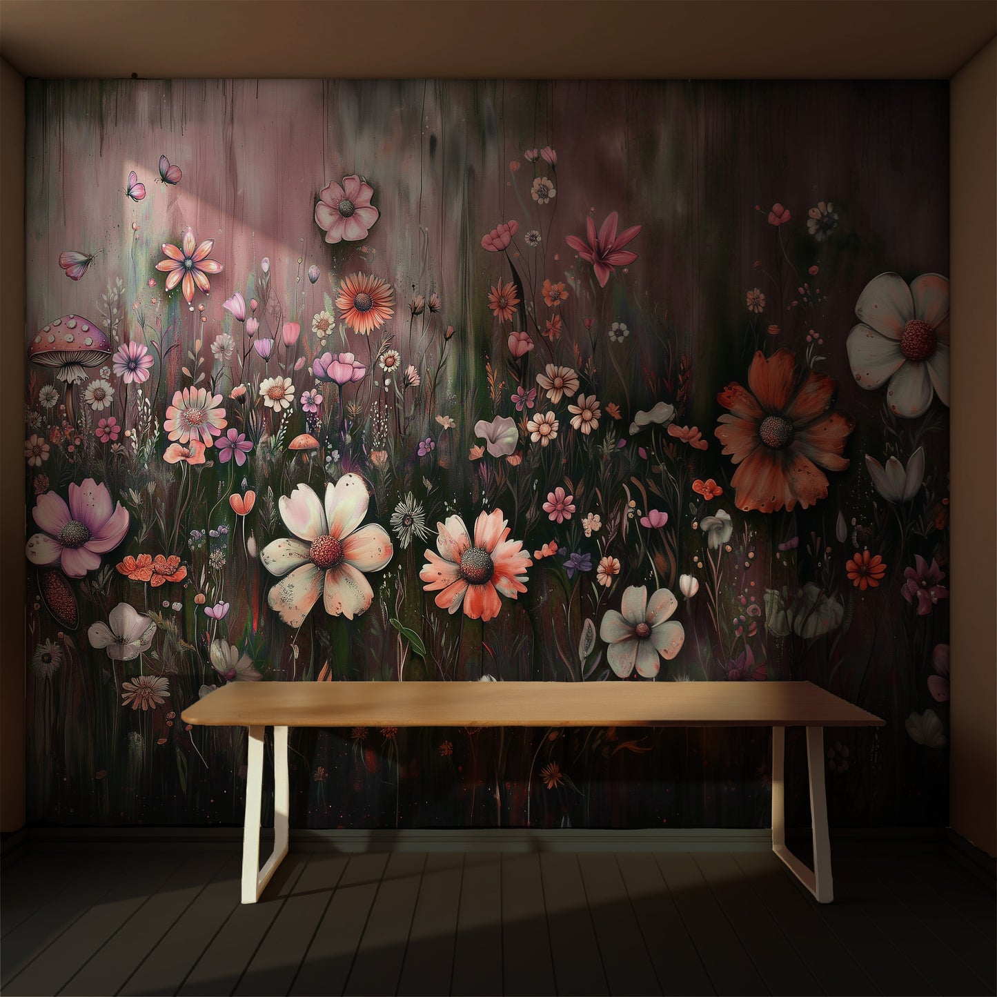 A section of peel-and-stick wallpaper featuring a floral forest scene with a bench in the foreground.