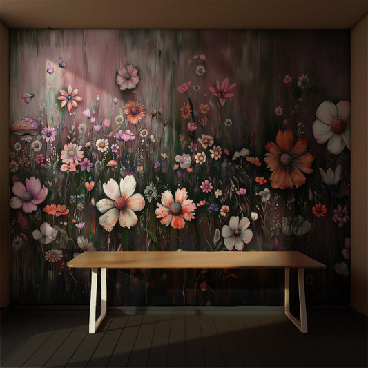 A section of peel-and-stick wallpaper featuring a floral forest scene with a bench in the foreground.