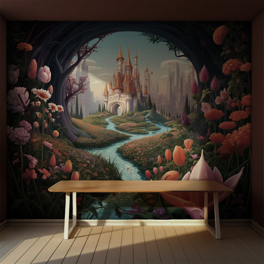 A section of peel-and-stick wallpaper depicting a whimsical castle scene with a large, ornate castle in the background, surrounded by a vibrant garden with a variety of flowers and a brook.