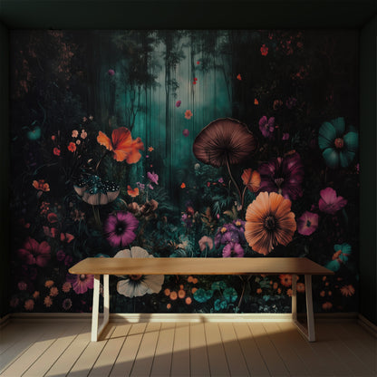 A section of peel-and-stick wallpaper with a vibrant floral pattern, installed on a wall in a room with a wooden bench in the foreground.
