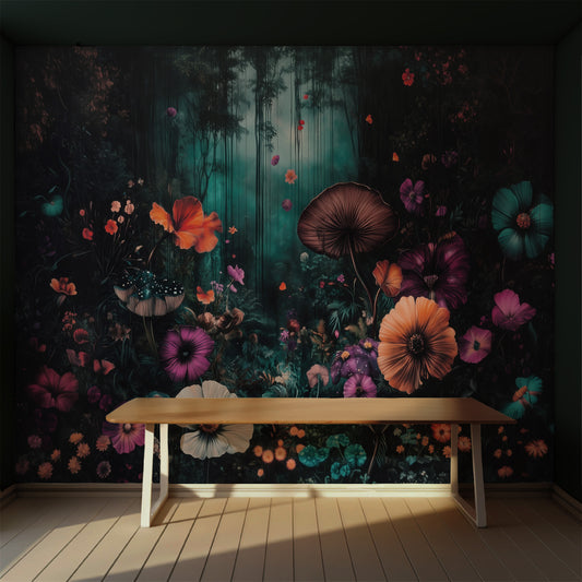 A section of peel-and-stick wallpaper with a vibrant floral pattern, installed on a wall in a room with a wooden bench in the foreground.