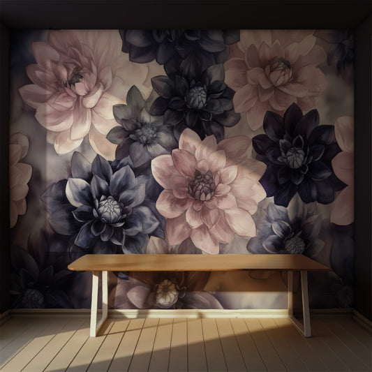 A section of peel-and-stick wallpaper featuring a floral pattern with large dahlias in shades of pink, black, and pale blue.