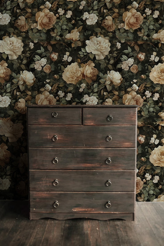 Romantic rose wallpaper with cream and sepia-toned florals on a dark background, ideal for vintage Cottagecore interiors and moody bedrooms
