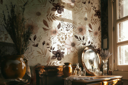 Neutral floral peel and stick wallpaper with sepia and sand-toned flowers on an ivory background for soft Cottagecore interiors
