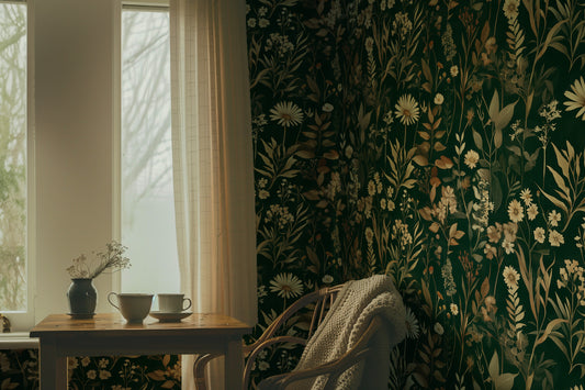 Dark green botanical wallpaper with parchment florals and wild garden stems for Cottagecore interiors
