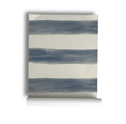 Watercolor striped wallpaper featuring wide hand-painted blue and white horizontal stripes, creating a relaxed coastal farmhouse look for bedrooms, beach houses, nurseries, and cottage-inspired interiors, on roll.