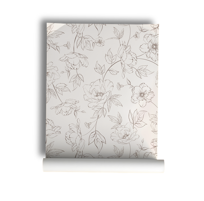Honey Peonies - Neutral Lined Floral Wallpaper