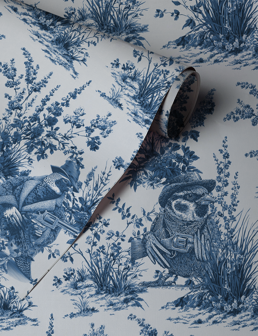 Blue toile wallpaper roll with vintage  western birds and botanical illustrations on a white background, peel and stick wallpaper design with detailed nature pattern
