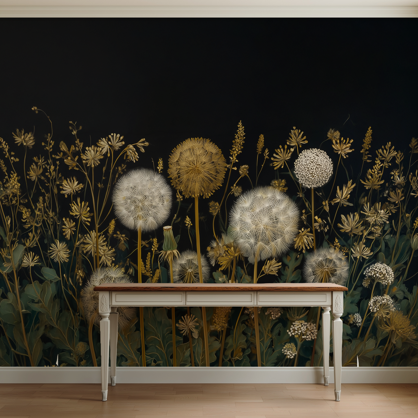 Folk Art Dandelions – Dark Botanical Wallpaper Mural