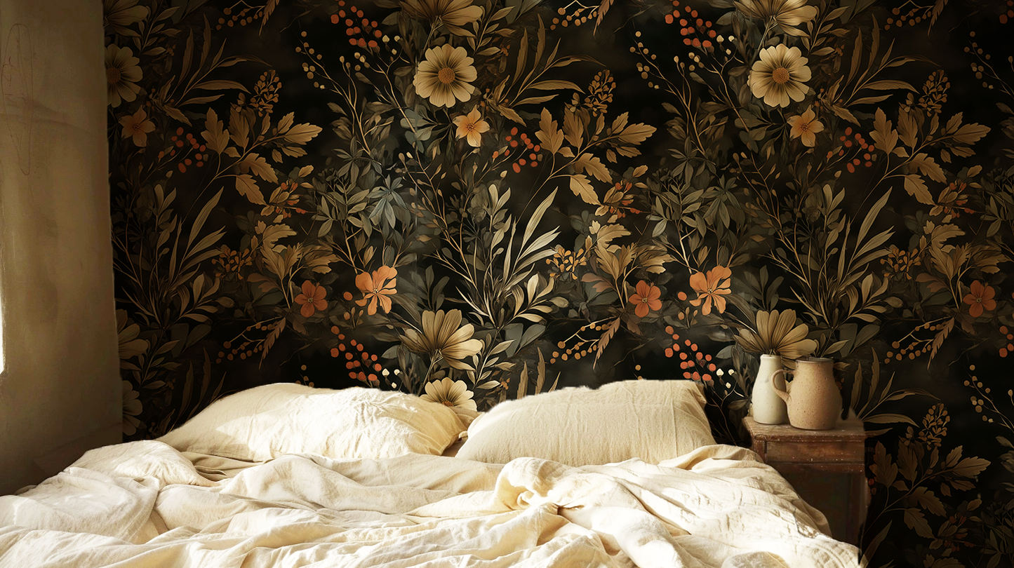 Autumn Harvest - Dark Moody Floral Wallpaper