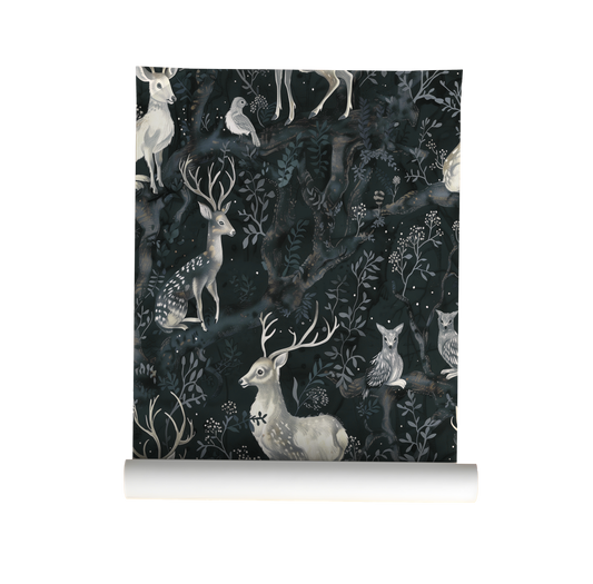 Dark woodland wallpaper featuring graceful deer, owls, and birds among twisting forest branches and soft botanical details on a deep moody background on roll