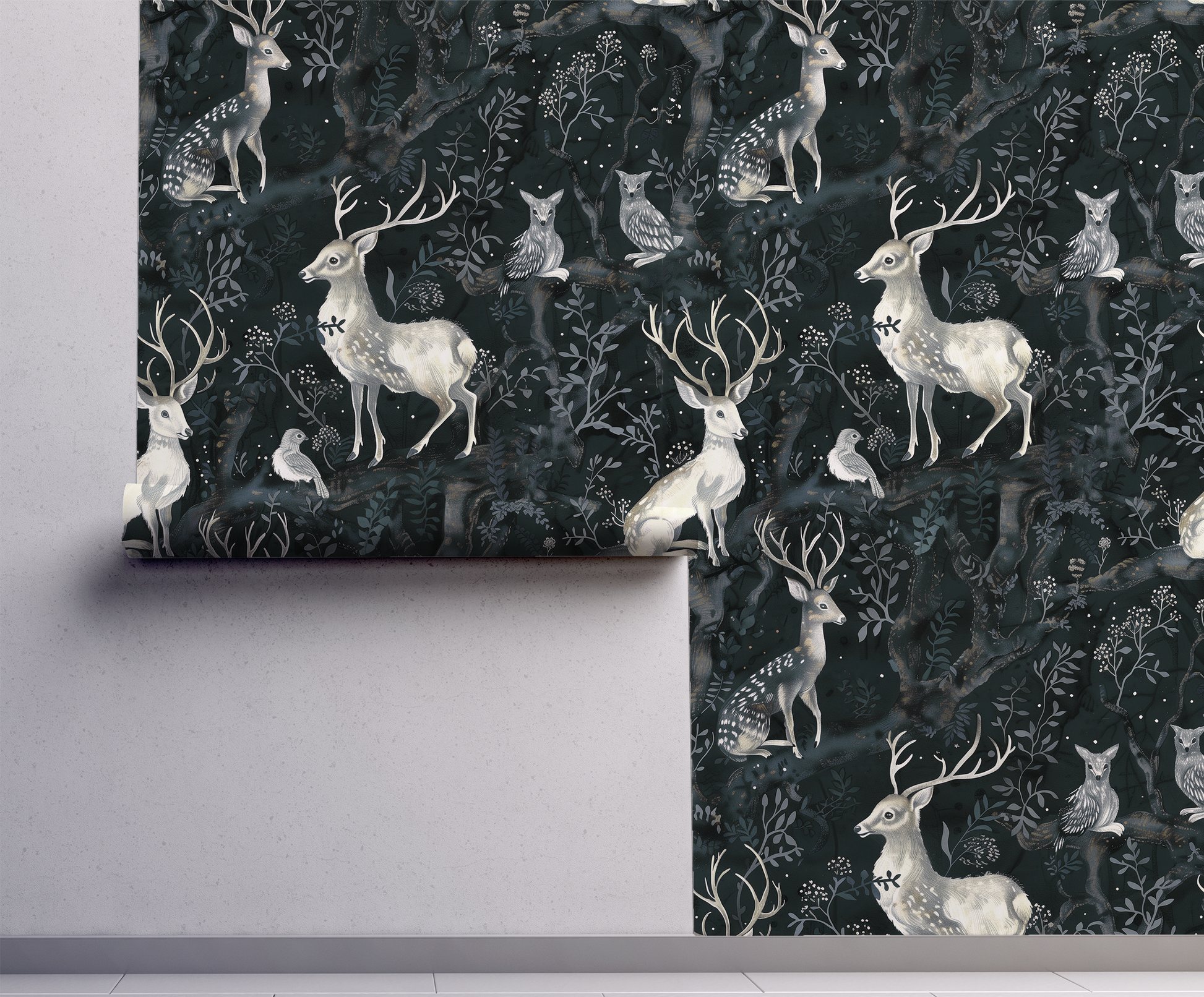 Dark woodland wallpaper featuring graceful deer, owls, and birds among twisting forest branches and soft botanical details on a deep moody background on wall
