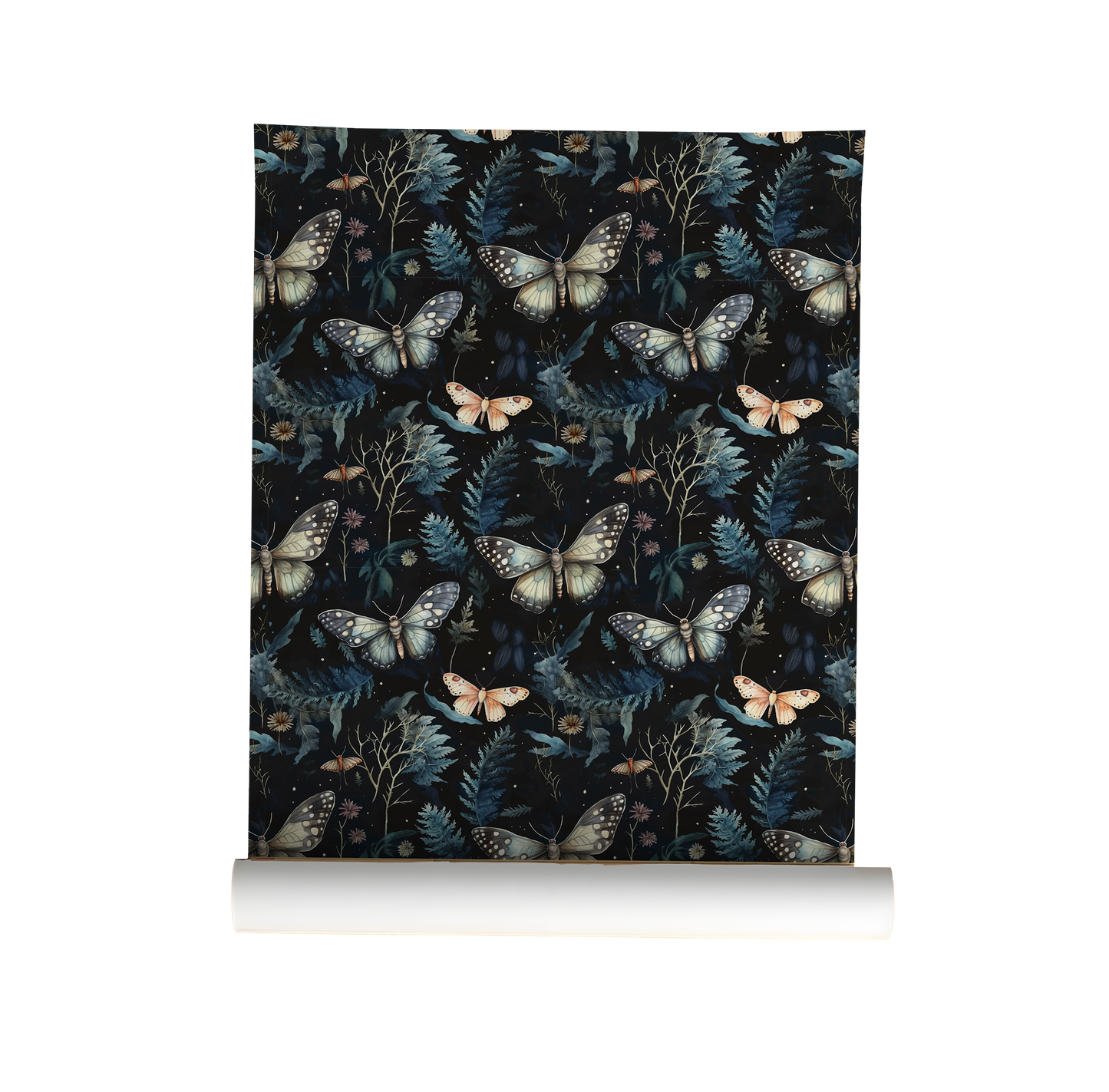 Roll of wallpaper with moth and leaf pattern on a dark background