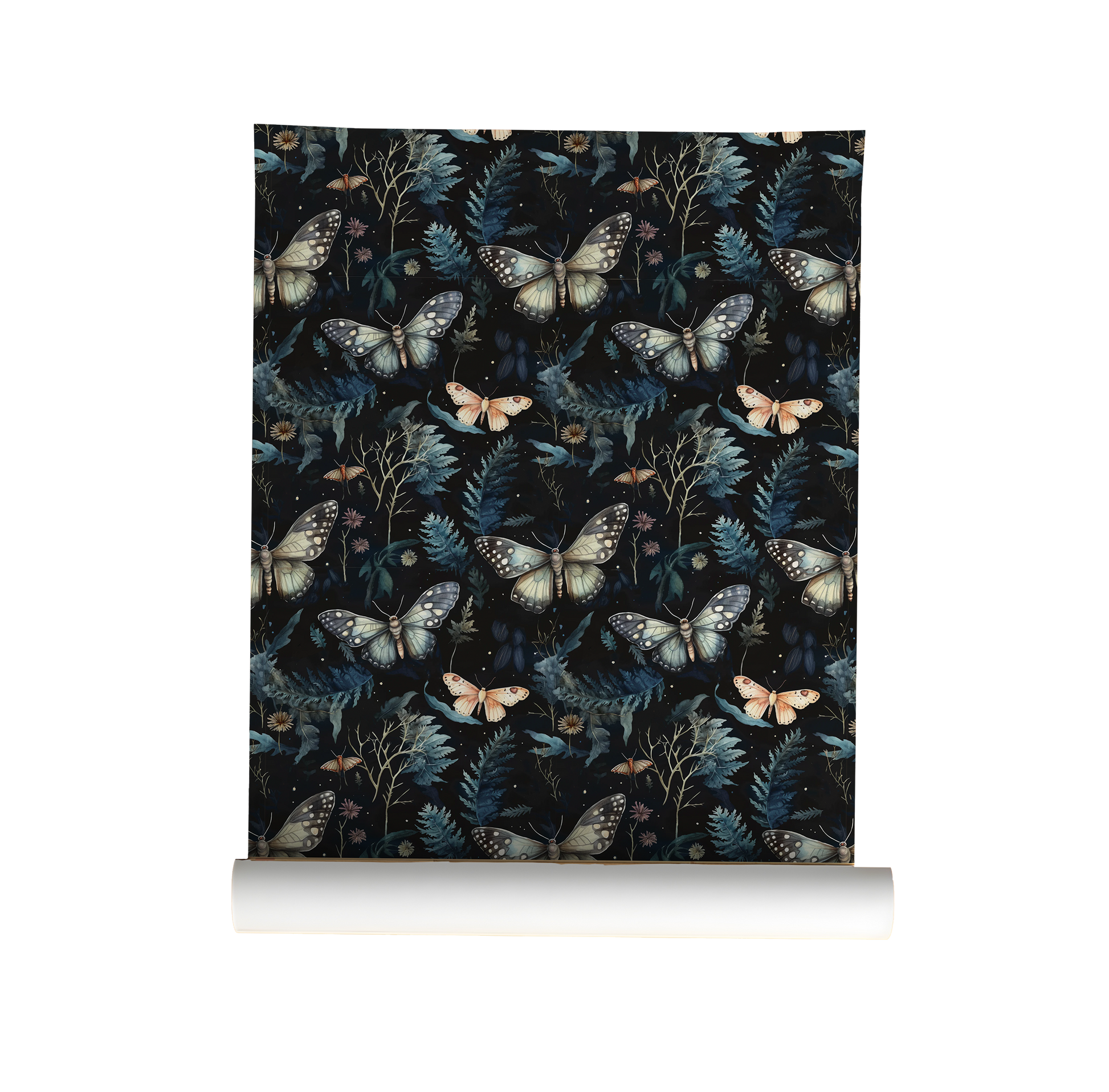 Roll of wallpaper with moth and leaf pattern on a dark background