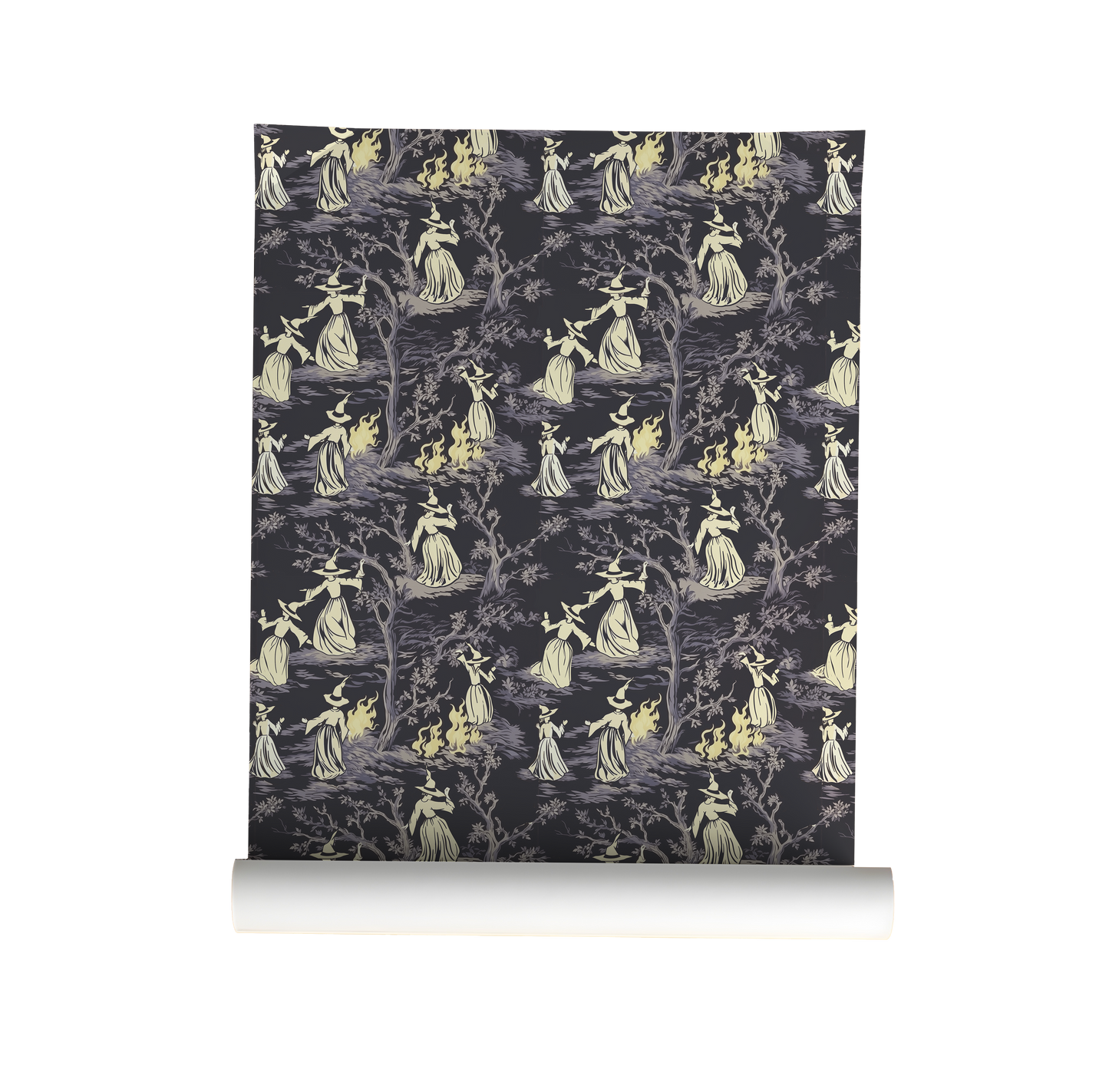 Moody peel-and-stick wallpaper sample featuring a witchy toile pattern with cream-cloaked figures, twisted gray trees, and glowing bonfire details on a deep charcoal background on roll