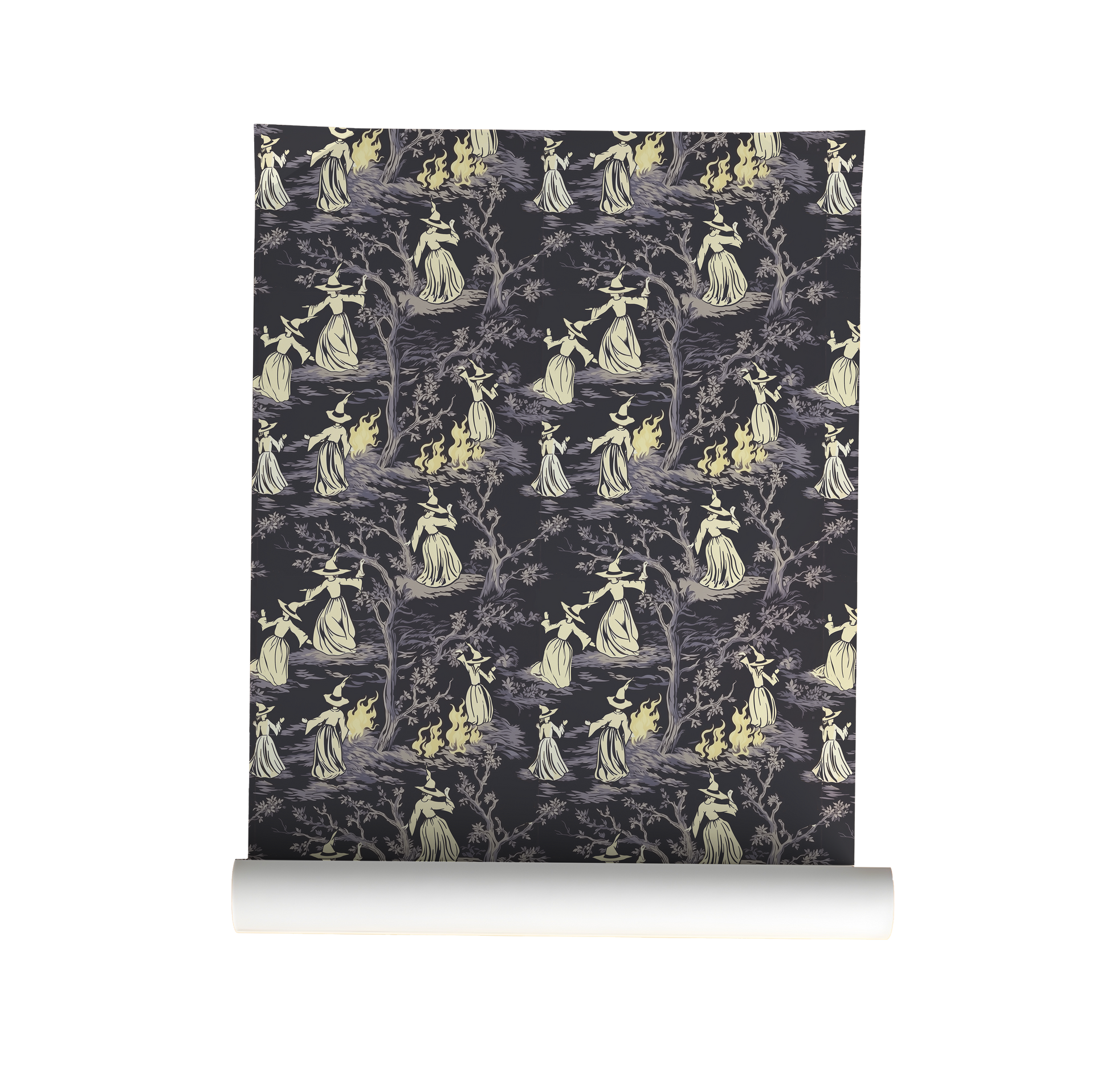 Moody peel-and-stick wallpaper sample featuring a witchy toile pattern with cream-cloaked figures, twisted gray trees, and glowing bonfire details on a deep charcoal background on roll