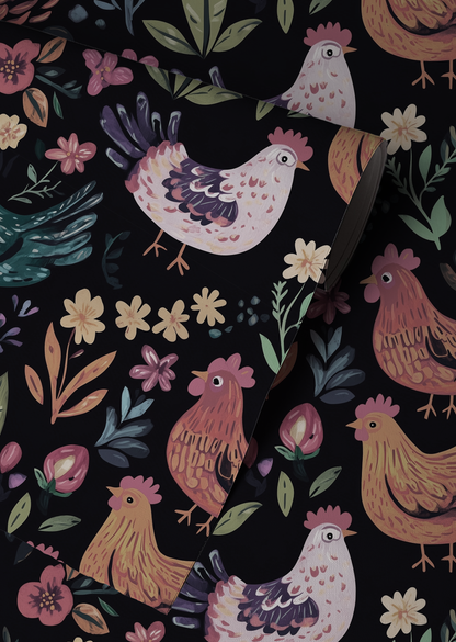Folk Art Chickens Wallpaper – Farmhouse Animal Wallpaper