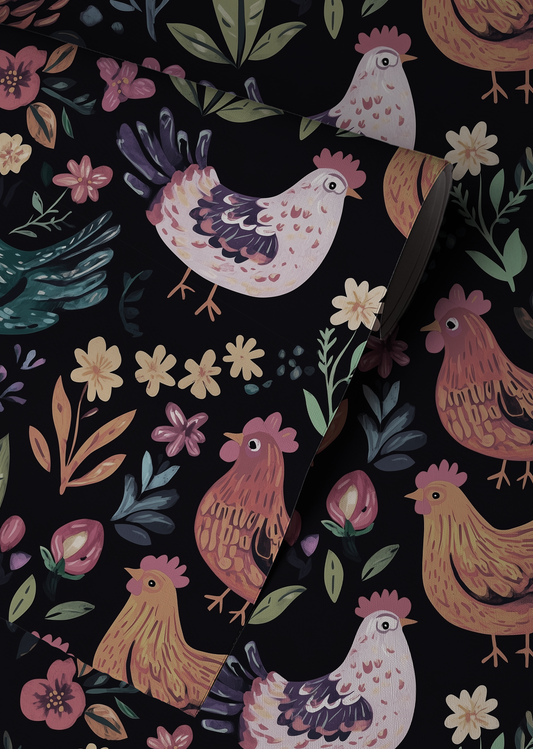 Folk Art Chickens Wallpaper – Farmhouse Animal Wallpaper