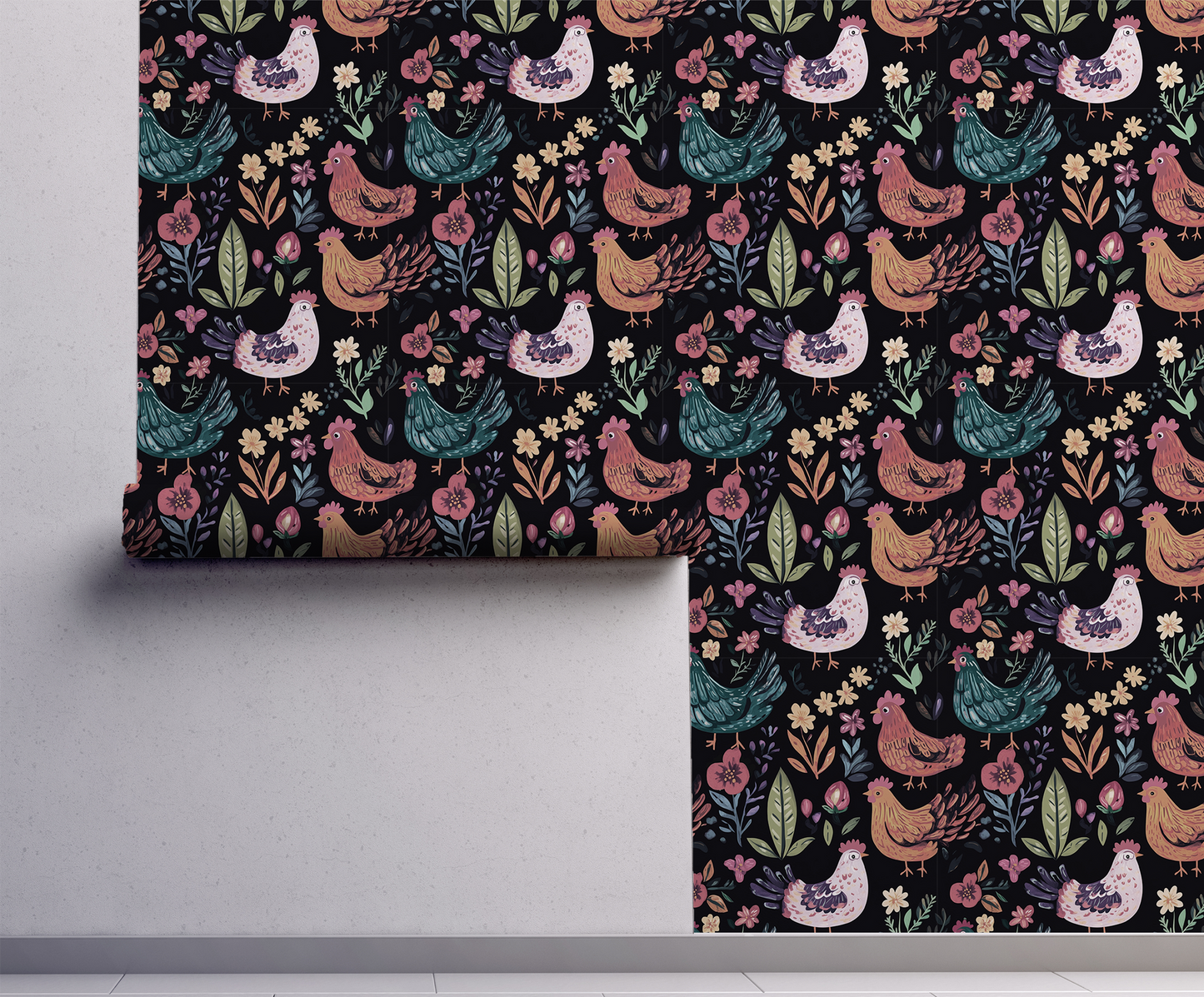 Folk Art Chickens Wallpaper – Farmhouse Animal Wallpaper