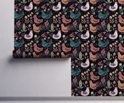 Folk Art Chickens Wallpaper – Farmhouse Animal Wallpaper