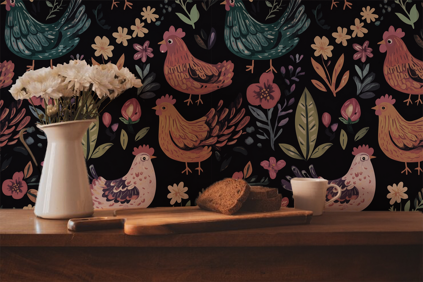 Folk Art Chickens Wallpaper – Farmhouse Animal Wallpaper