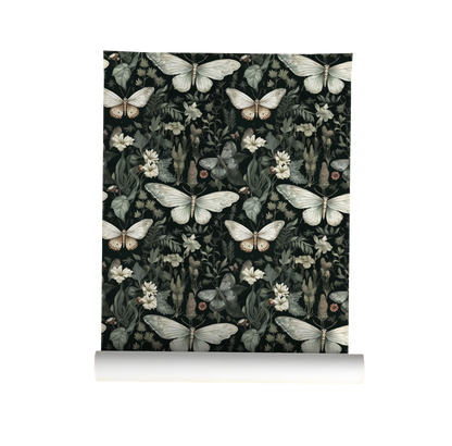 A Moths Tale - Green Floral Moth Wallpaper