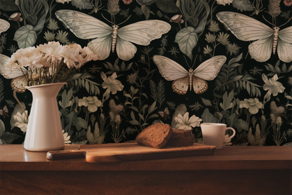 A Moths Tale - Green Floral Moth Wallpaper