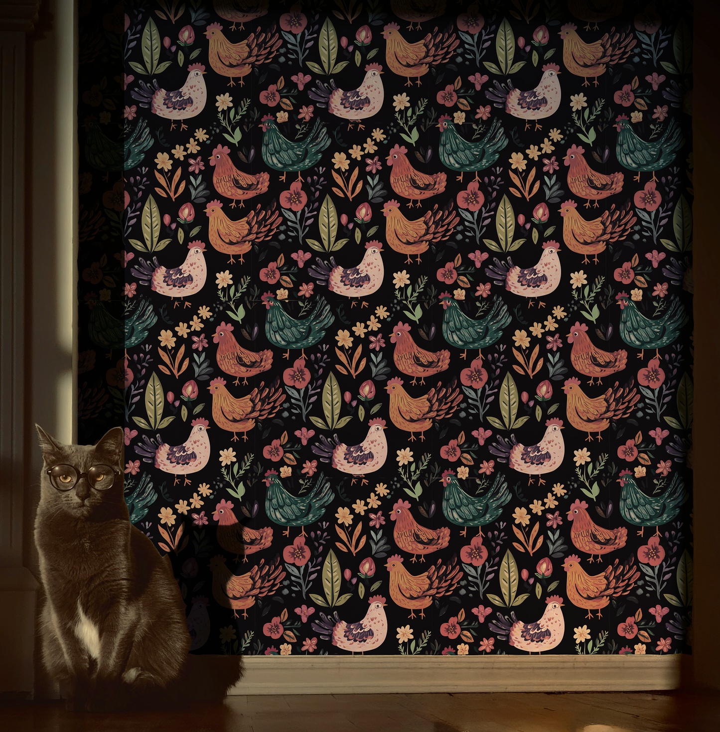 Folk Art Chickens Wallpaper – Farmhouse Animal Wallpaper