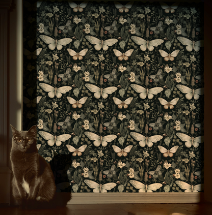 A Moths Tale - Green Floral Moth Wallpaper