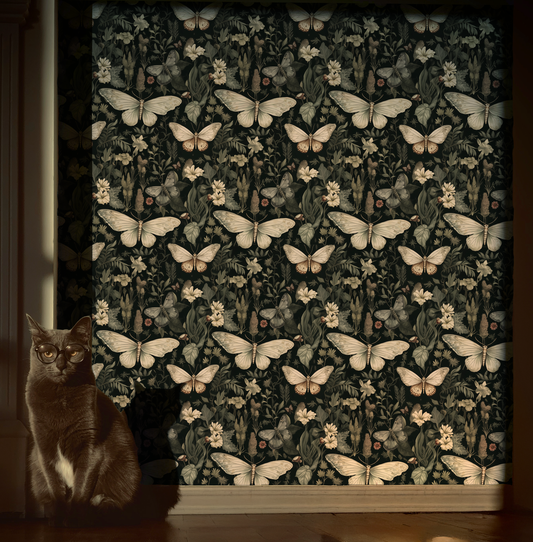 A Moths Tale - Green Floral Moth Wallpaper