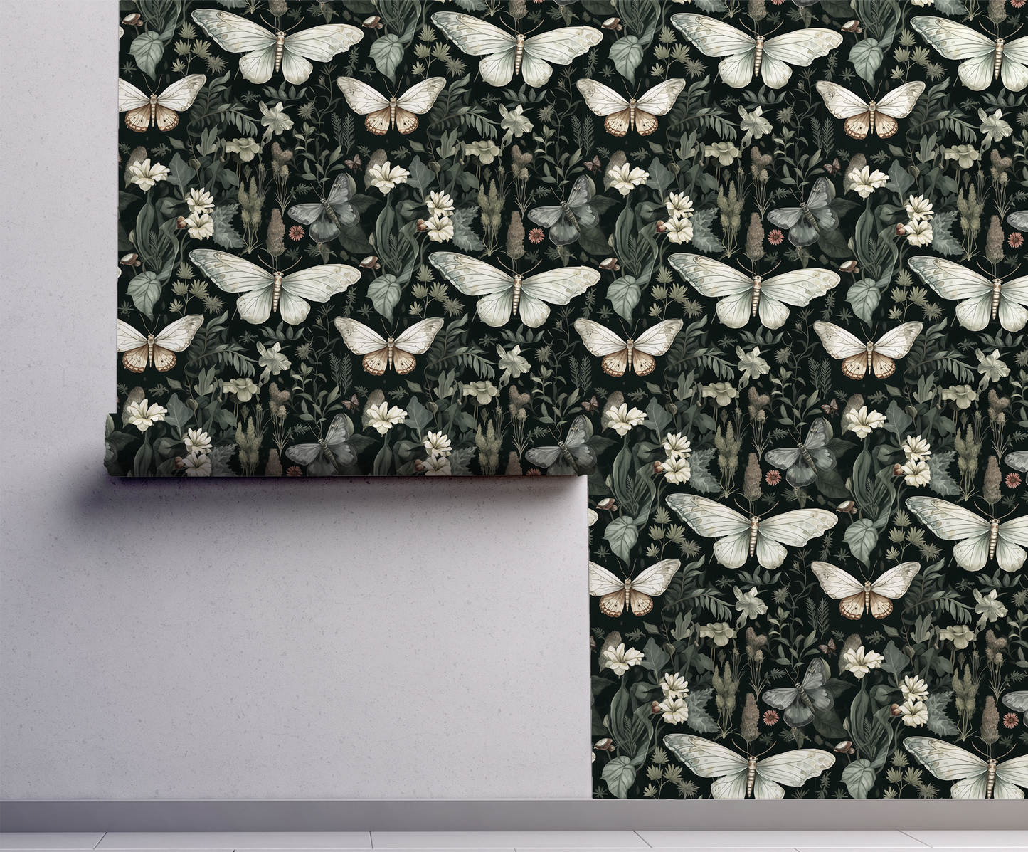 A Moths Tale - Green Floral Moth Wallpaper