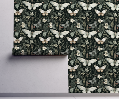A Moths Tale - Green Floral Moth Wallpaper