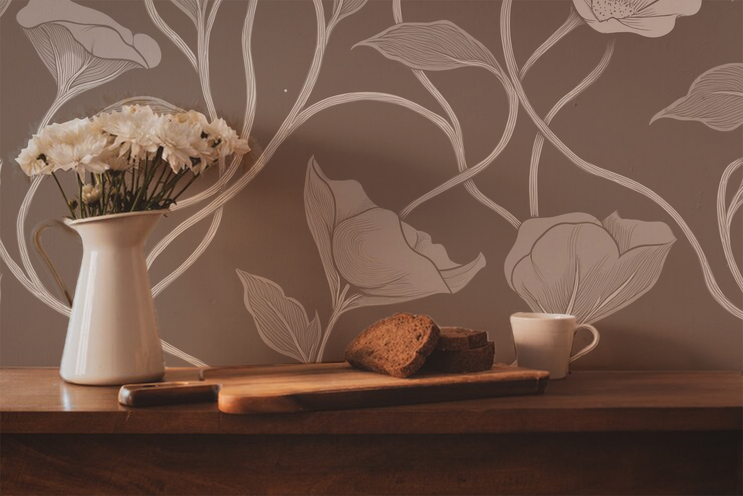 Taupe Floral Vines Wallpaper - Neutral Botanical Wallpaper