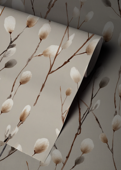 Furry Catkins Wallpaper – Neutral Botanical Peel and Stick Wallpaper