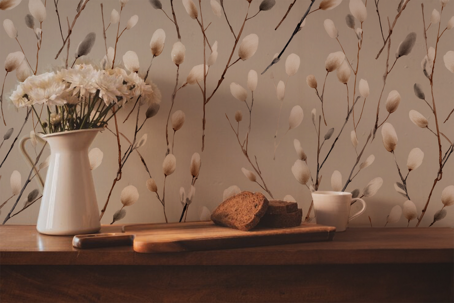 Furry Catkins Wallpaper – Neutral Botanical Peel and Stick Wallpaper