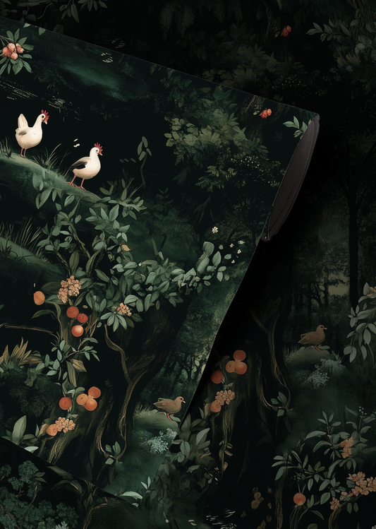 dark botanical farmhouse chicken peel and stick wallpaper