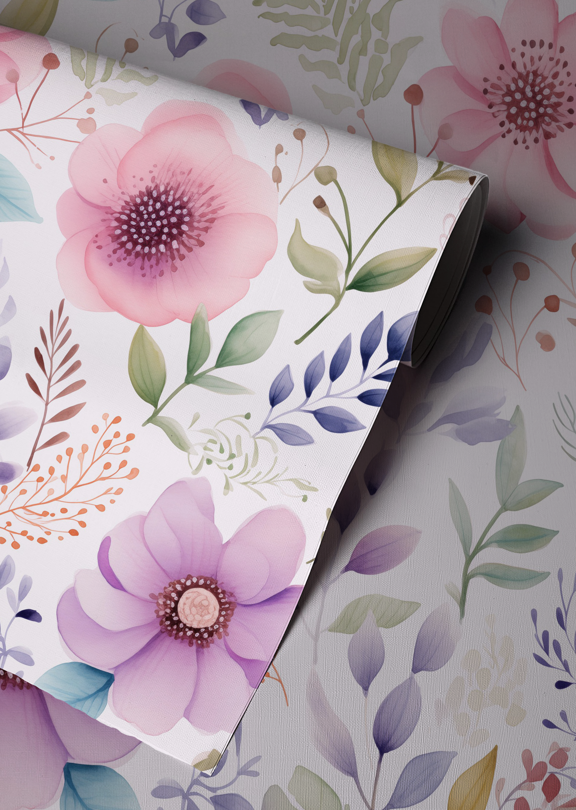 Watercolor floral wallpaper featuring soft pink and lavender flowers with delicate botanical leaves, displayed in a modern living room as a whimsical cottagecore accent wall, up close