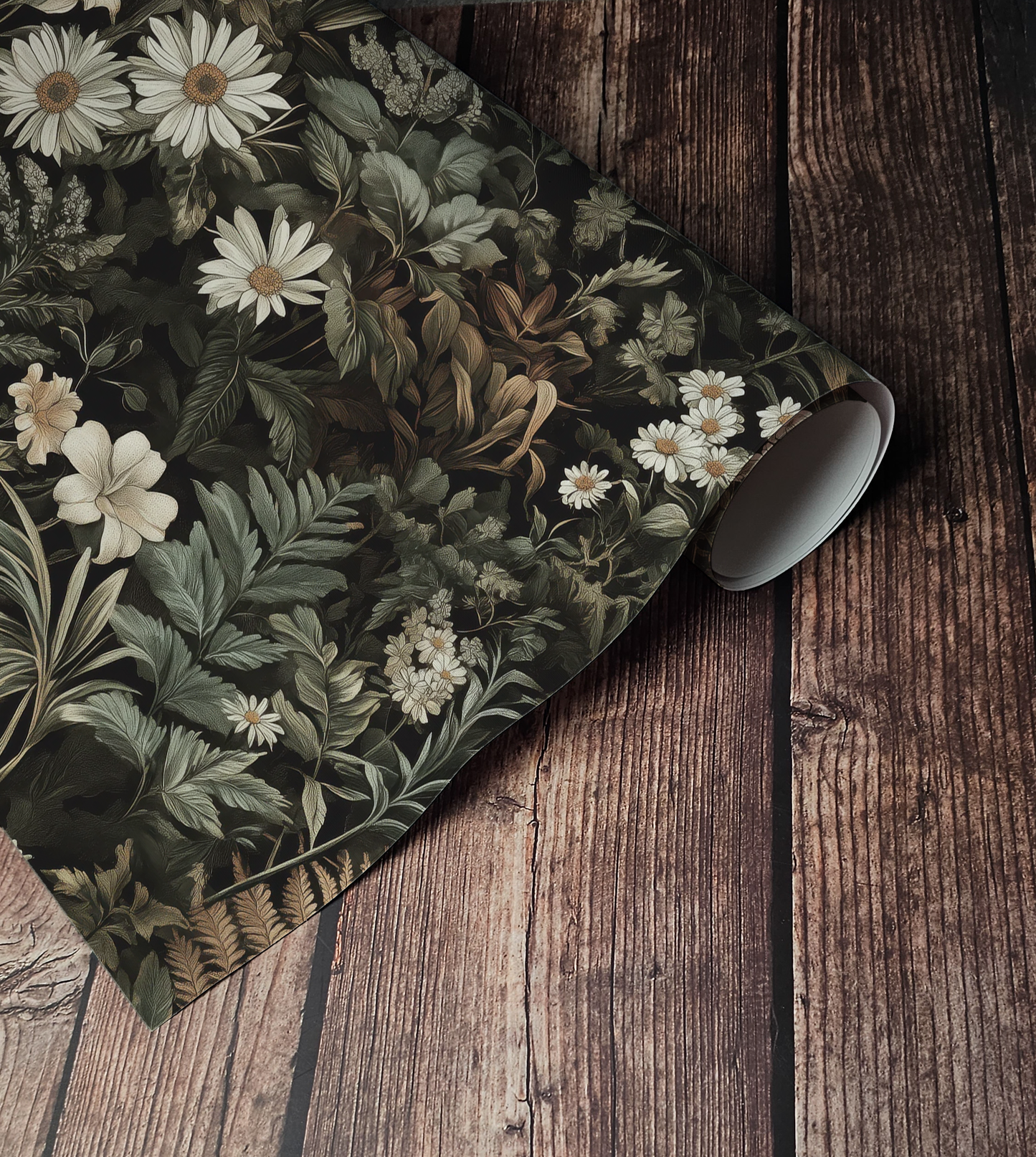 Dark green botanical wallpaper with dense vintage florals, ferns, and wildflowers in moody cottagecore style Up close