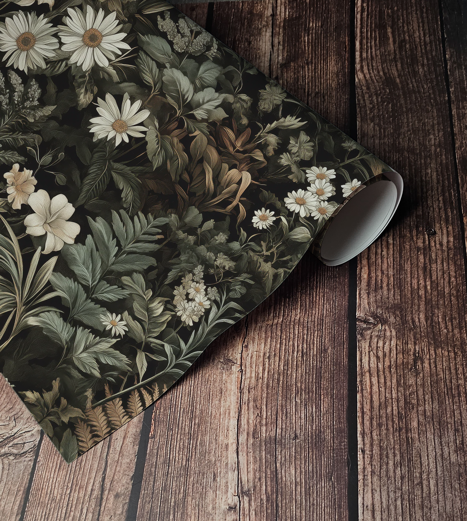 Dark green botanical wallpaper with dense vintage florals, ferns, and wildflowers in moody cottagecore style Up close