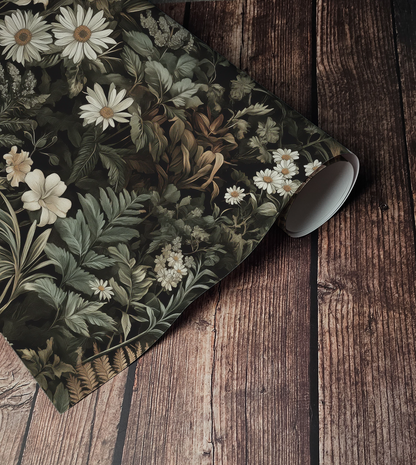 Dark green botanical wallpaper with dense vintage florals, ferns, and wildflowers in moody cottagecore style Up close