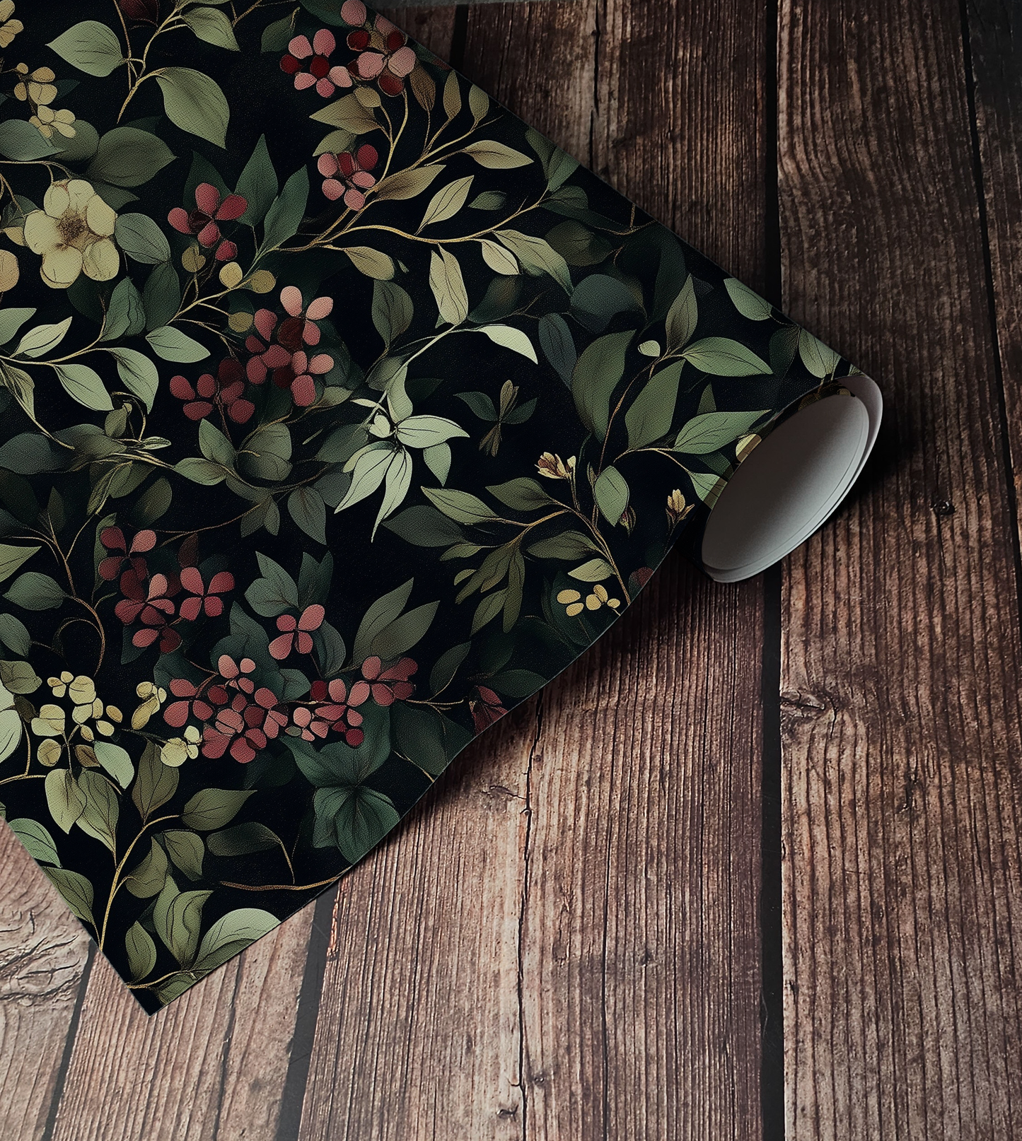 Gothic dark floral and berry peel and stick wallpaper with deep botanical motifs on a moody background up close