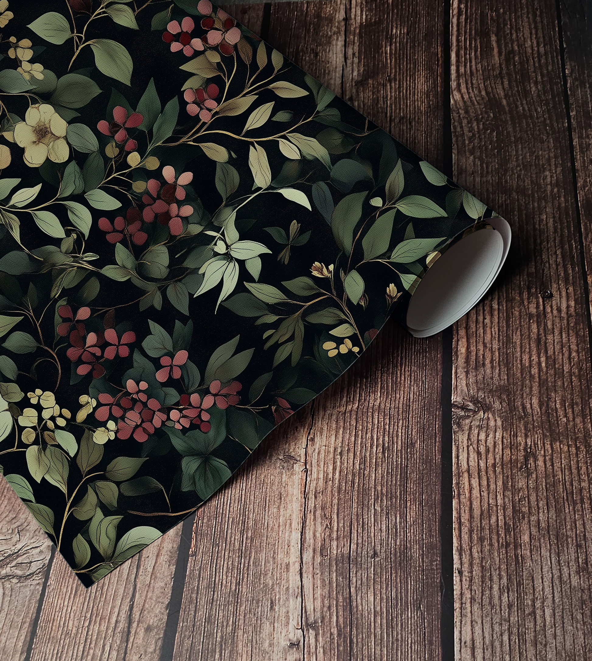 Gothic dark floral and berry peel and stick wallpaper with deep botanical motifs on a moody background up close
