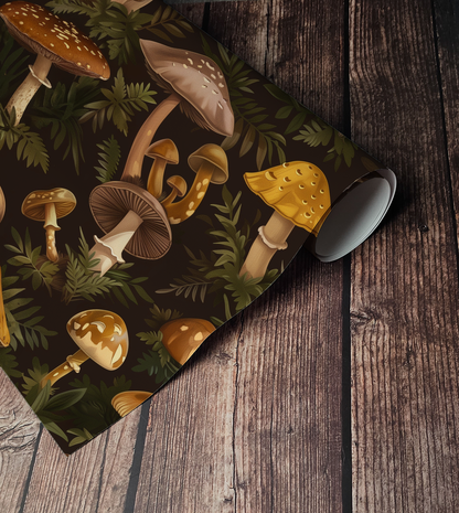 Mushroom wallpaper peel and stick, dark cottagecore forest pattern with vintage fungi illustrations and botanical greenery up close