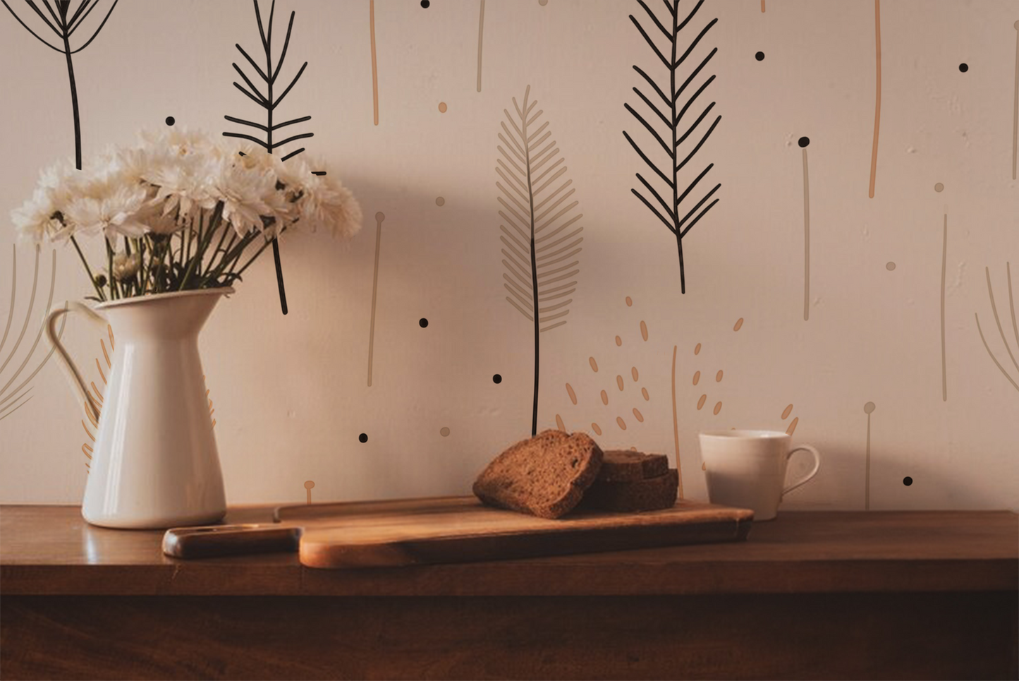 Neutral Botanical Wallpaper – Warm Beige Boho Design