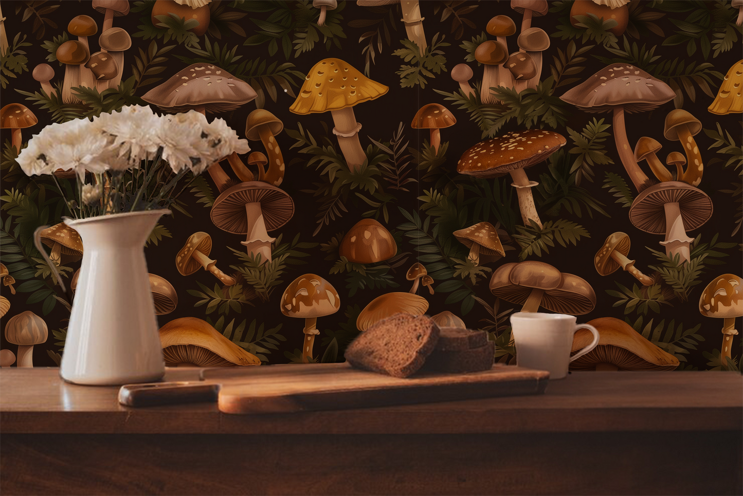 Mushroom wallpaper peel and stick, dark cottagecore forest pattern with vintage fungi illustrations and botanical greenery in kitchen