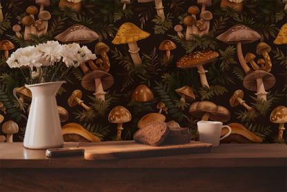 Mushroom wallpaper peel and stick, dark cottagecore forest pattern with vintage fungi illustrations and botanical greenery in kitchen